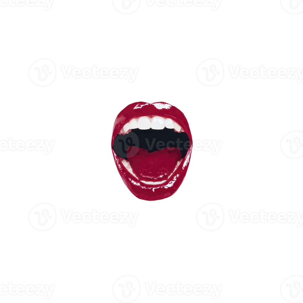 Vibrant image of open mouth with glossy red lips, showcasing teeth and tongue against transparency background, creating bold and expressive visual png