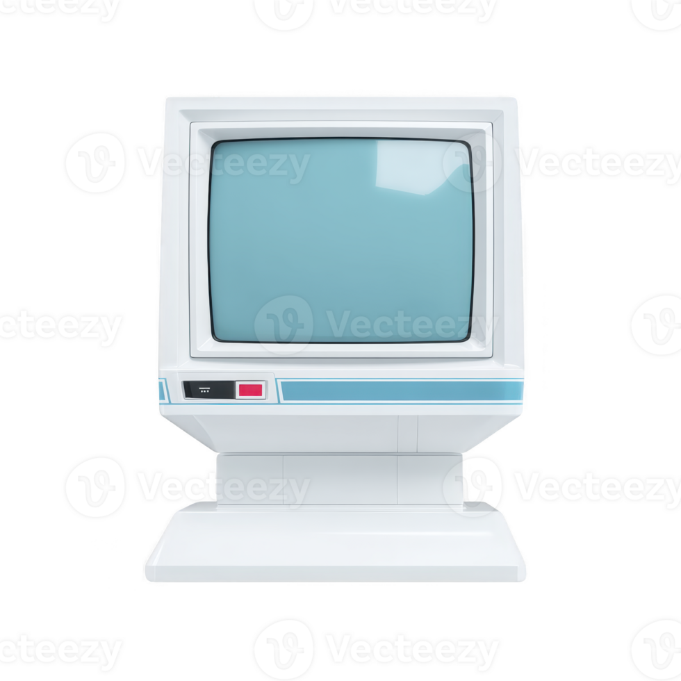 Vintage computer monitor with retro design, featuring blue screen and white casing, evokes nostalgia for early technology. classic style and simple interface highlight its historical significance png