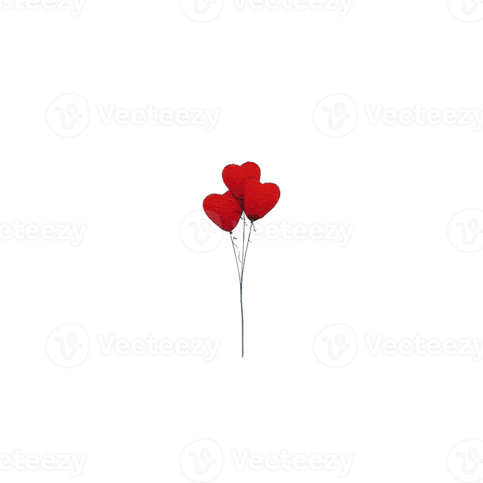 Three red heart shaped balloons on single silver stick create romantic and whimsical display against plain background. Perfect for Valentine Day or love themed occasions png