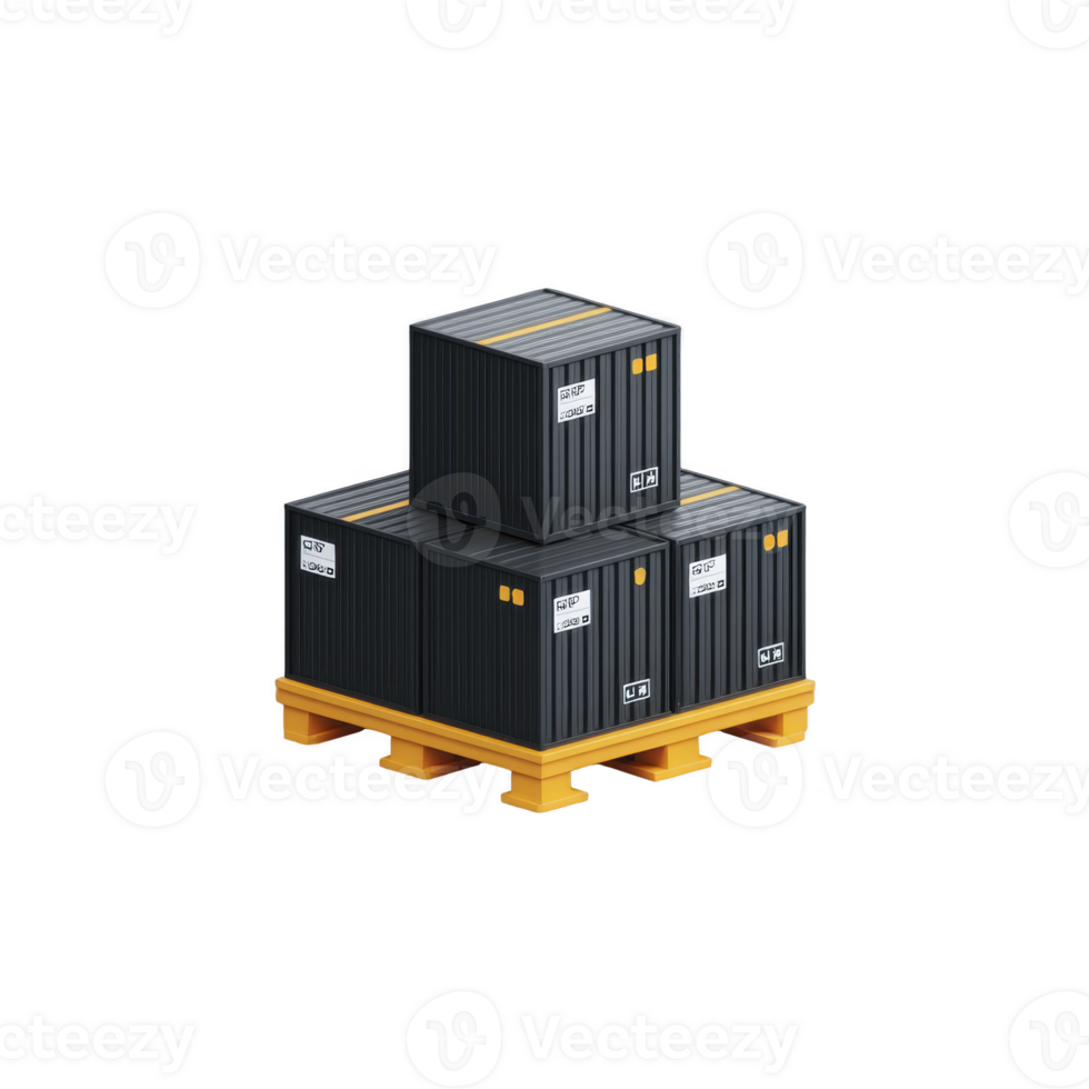 Three black shipping containers are stacked on yellow pallet, illustrating efficient storage and transportation. containers feature labels and markings, emphasizing organization and logistics png