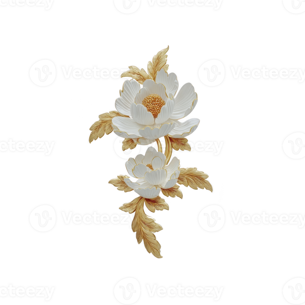 Elegant white flowers with golden leaves on transparency background, showcasing intricate details and luxurious design. floral arrangement exudes sophistication and artistic beauty png