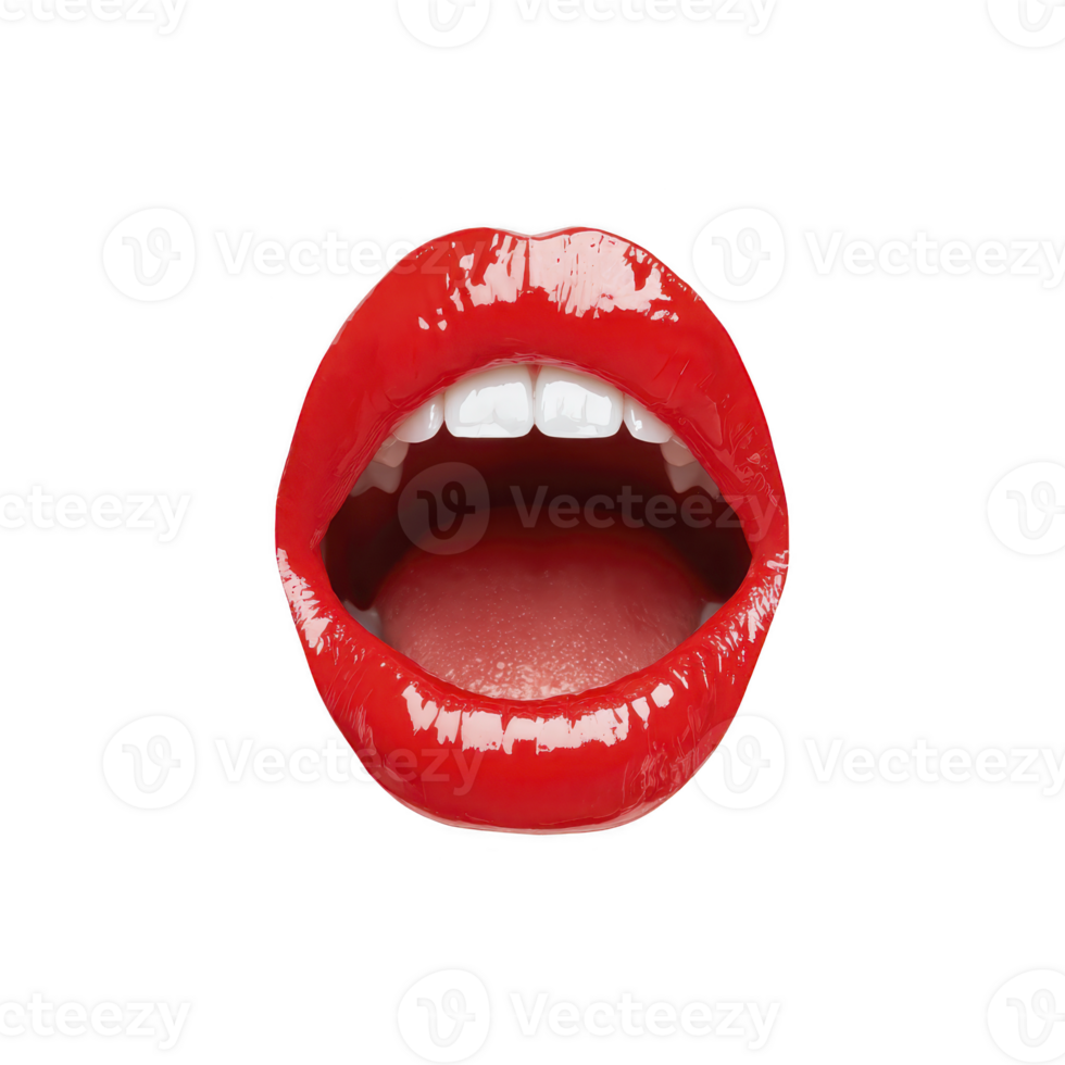 Close up of glossy red lips with white teeth visible, set against transparent background. vibrant red color and shine create bold and striking visual png
