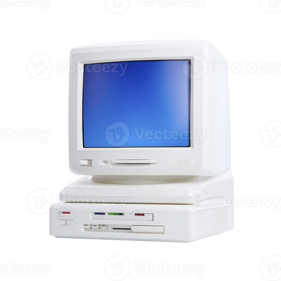 Vintage white computer with blue screen, featuring classic design and floppy disk drive, evokes nostalgia. This retro technology piece is iconic of early personal computing png