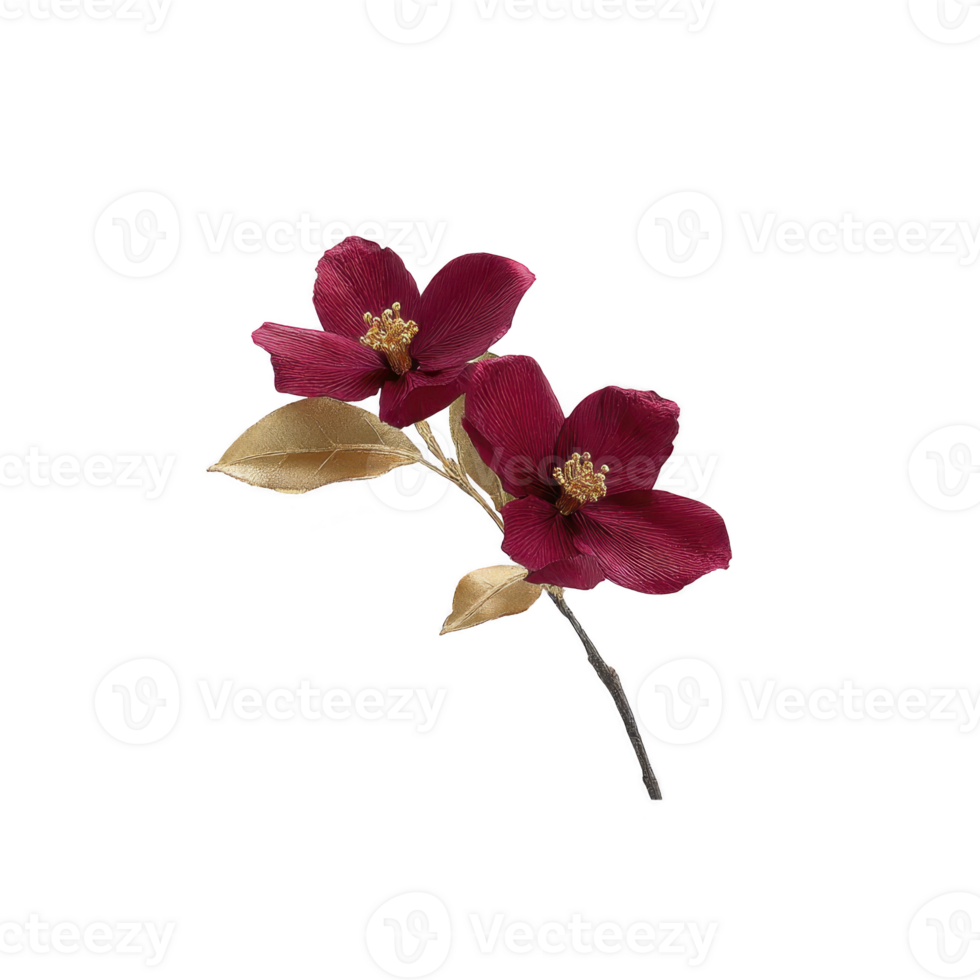 Delicate illustration of two red flowers with golden leaves on slender stem, set against transparent background. vibrant petals and metallic leaves create striking contrast png