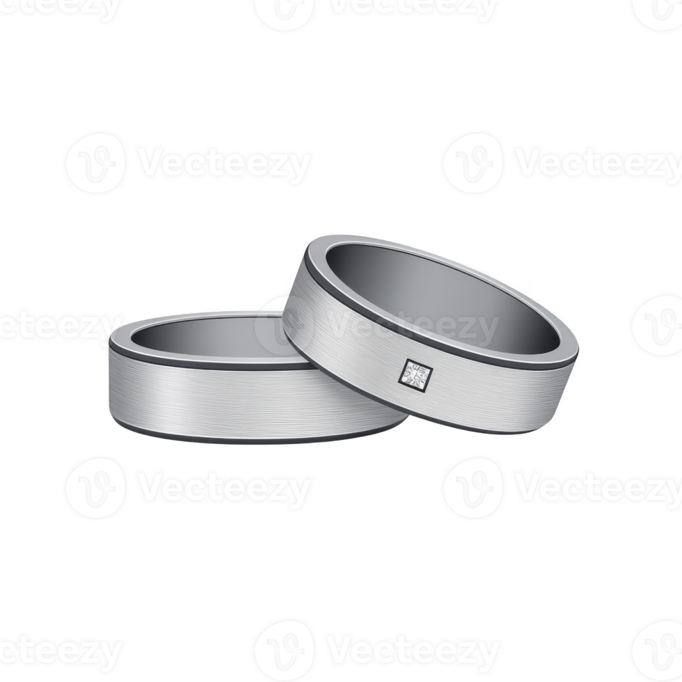 Two elegant silver wedding bands with minimalist design and small diamond accent symbolize love and commitment. rings sleek and modern style adds touch of sophistication png
