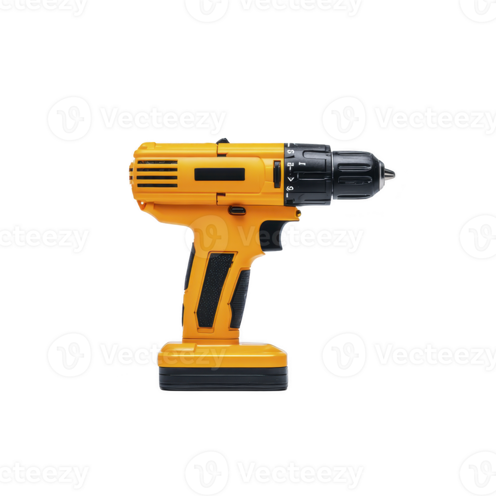 Bright yellow cordless power drill with black grip and adjustable settings, designed for efficient drilling and screwing tasks. Ideal for home improvement and construction projects png