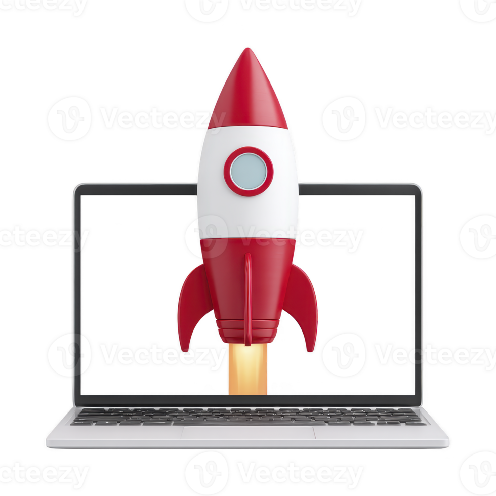 Red and white rocket launching from laptop screen symbolizes innovation and technology. image conveys sense of progress and digital advancement, with focus on creativity png