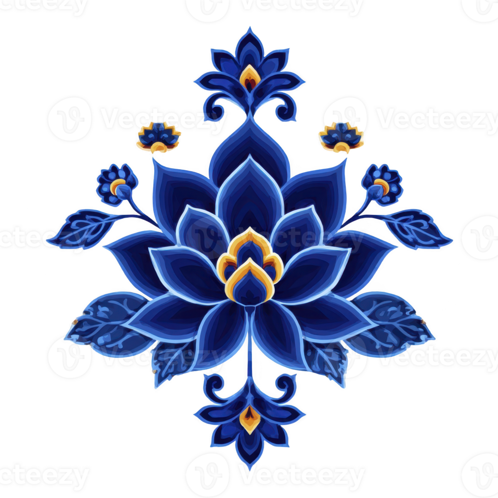 Vibrant blue lotus flower with intricate details and golden accents, symbolizing beauty and tranquility. symmetrical design features layered petals and decorative elements, creating harmonious png