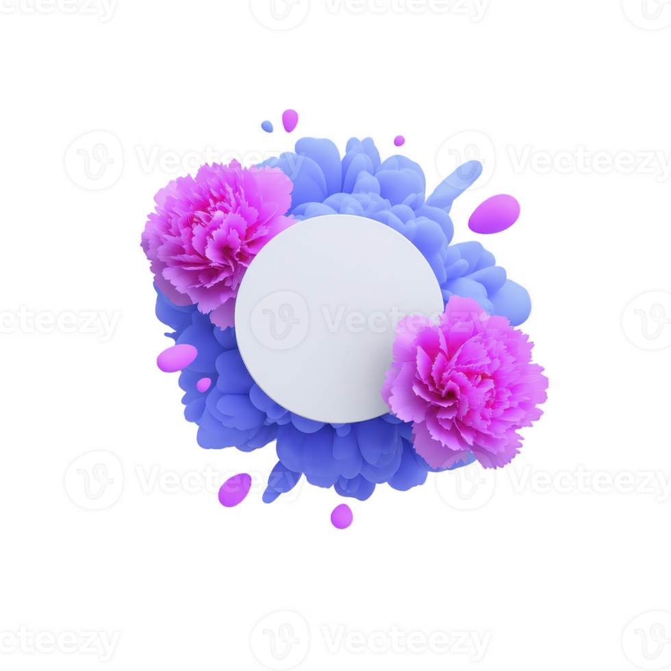 Vibrant circular design features white center surrounded by vivid pink and blue flowers, creating striking contrast. floral arrangement is enhanced by abstract splashes, adding dynamic touch png