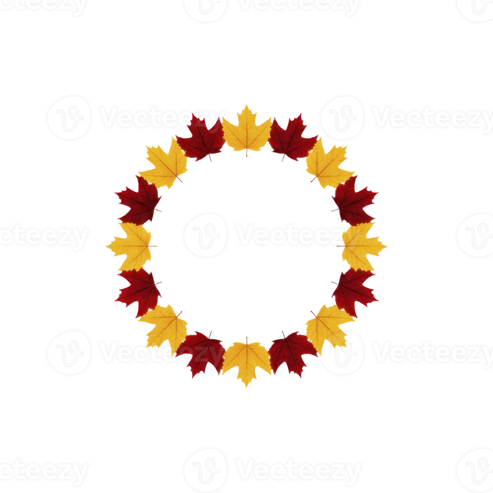 Circular wreath made of alternating red and yellow autumn leaves, creating vibrant and festive design. leaves are arranged symmetrically, forming perfect circle png