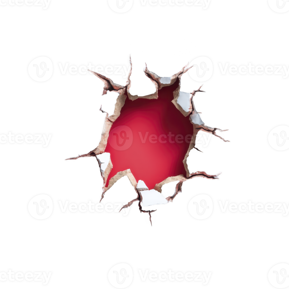 Jagged hole with torn edges reveals vibrant red background, creating dramatic and striking visual effect. contrast between rough, broken surface and smooth, bold color adds depth and intrigue png