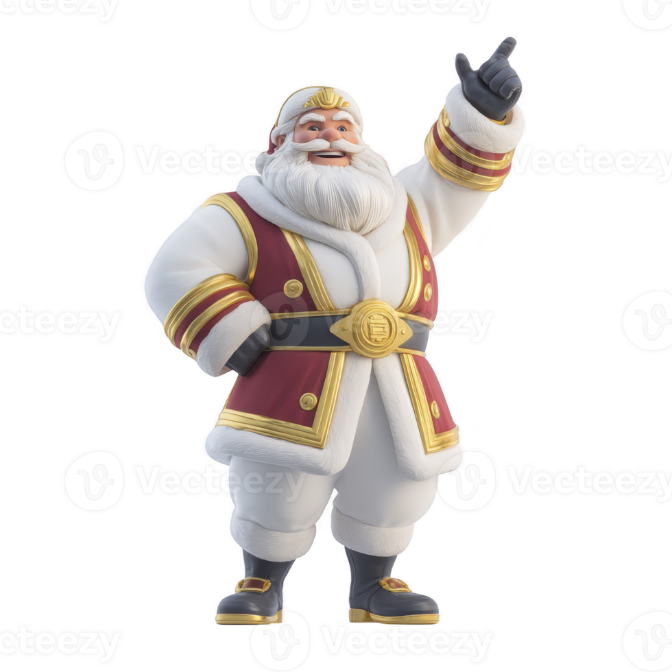 Jolly, animated Santa Claus character is depicted wearing red and white suit with gold accents, pointing upwards with cheerful expression. His outfit includes wide belt and black boots png