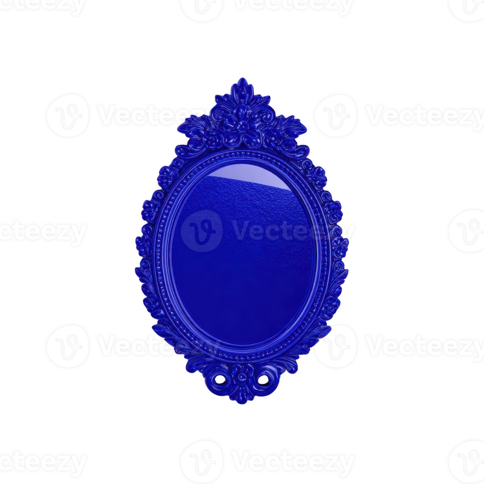 Ornate, vintage style blue oval mirror with intricate floral detailing on frame, reflecting textured surface. elegant design adds touch of classic charm png