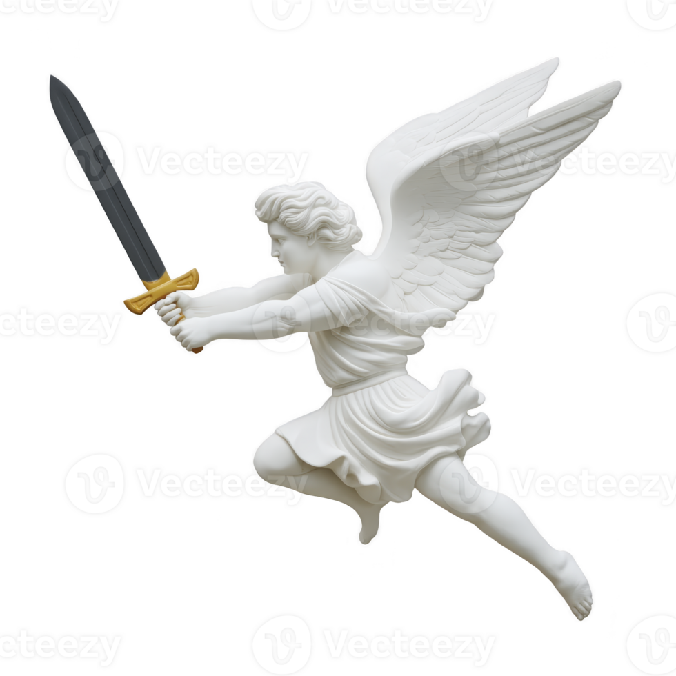 White angelic figure with wings and golden sword is depicted in dynamic pose, symbolizing strength and protection. figure is dressed in flowing robe, exuding sense of grace and power png