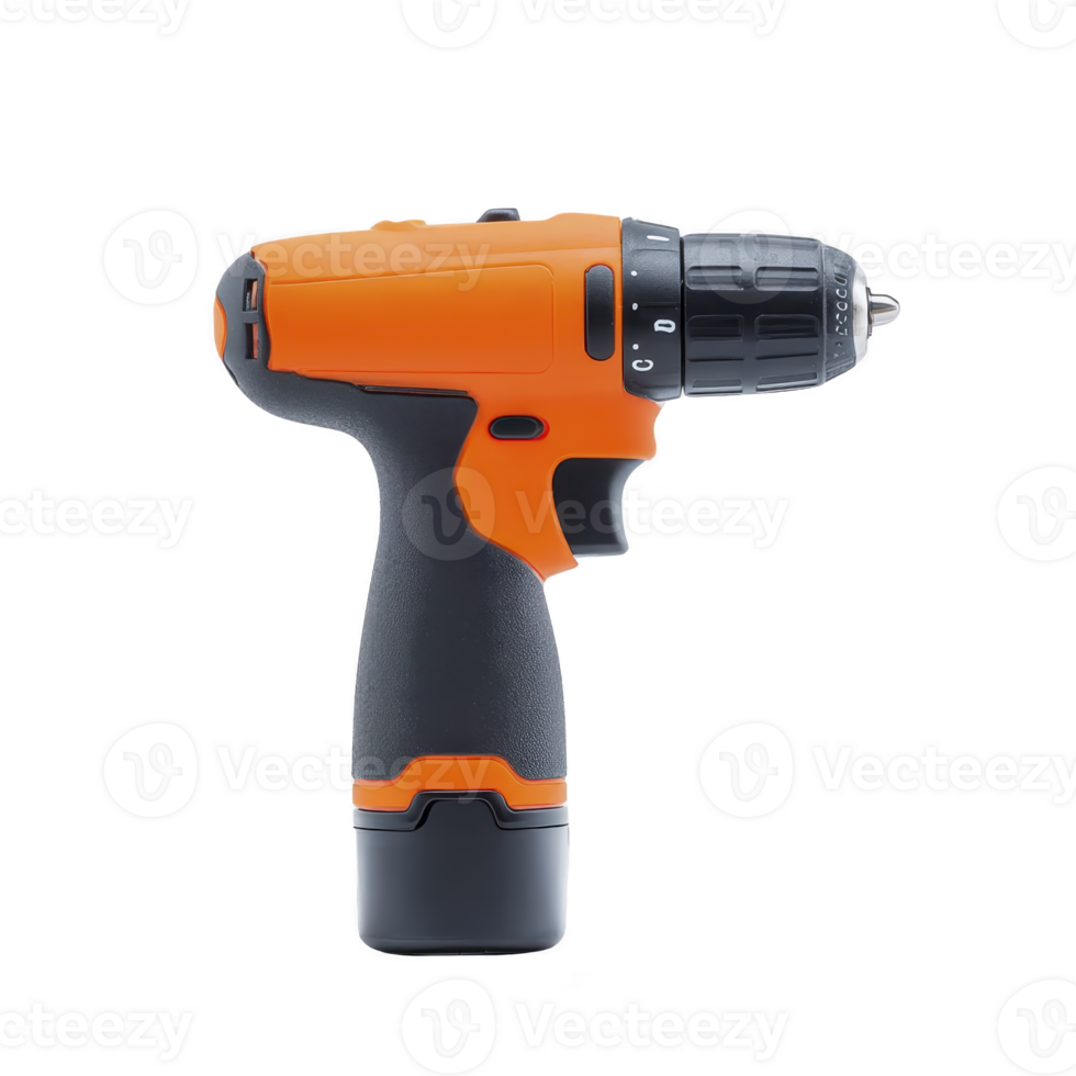 Cordless orange and black power drill with sleek design, featuring comfortable grip and adjustable settings, ideal for home improvement and construction projects png