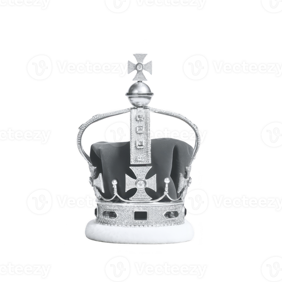 Silver crown adorned with intricate designs and sparkling gemstones, featuring prominent cross top, symbolizes royalty and elegance. crown detailed craftsmanship highlights its regal significance png