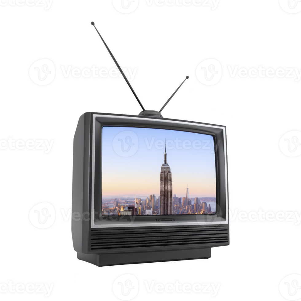 Vintage television with antennas displays image of city skyline featuring prominent skyscraper at sunset. nostalgic scene evokes sense of retro charm png