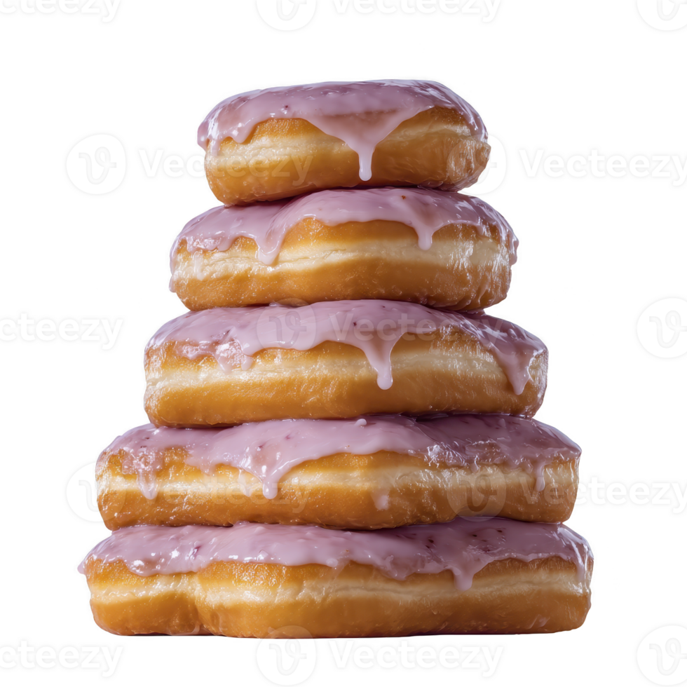 Stack of five glazed donuts with pink icing dripping down, creating tempting and sweet display. donuts are arranged in pyramid shape, showcasing their fluffy texture png