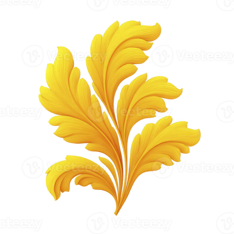 Ornate, golden yellow leaf design with intricate details and flowing, elegant shape, perfect for decorative purposes. design exudes sense of luxury and sophistication png