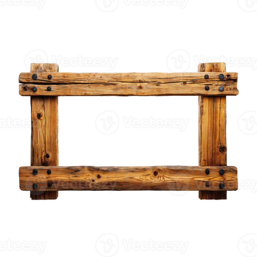 Rustic wooden frame with natural finish and visible grain, featuring metal accents and rectangular shape, perfect for home decor or art display png