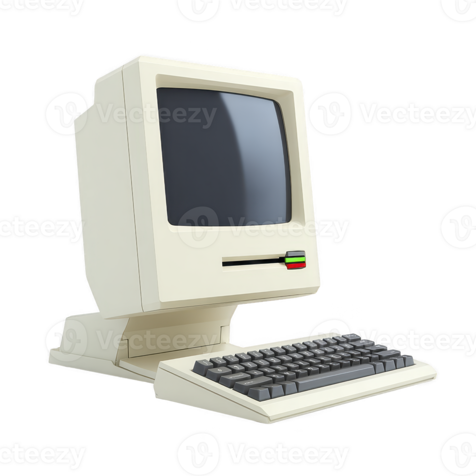 Vintage computer with beige monitor and keyboard evokes nostalgia for early technology. classic design features CRT screen and floppy disk drive, symbolizing retro computing png