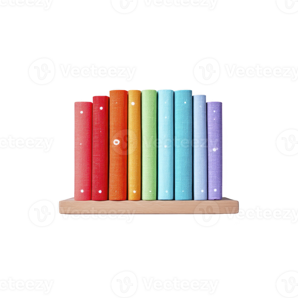 Colorful rolled fabrics in rainbow hues are neatly arranged on wooden shelf, showcasing vibrant spectrum. Each roll displays different shade, creating visually appealing and organized display png