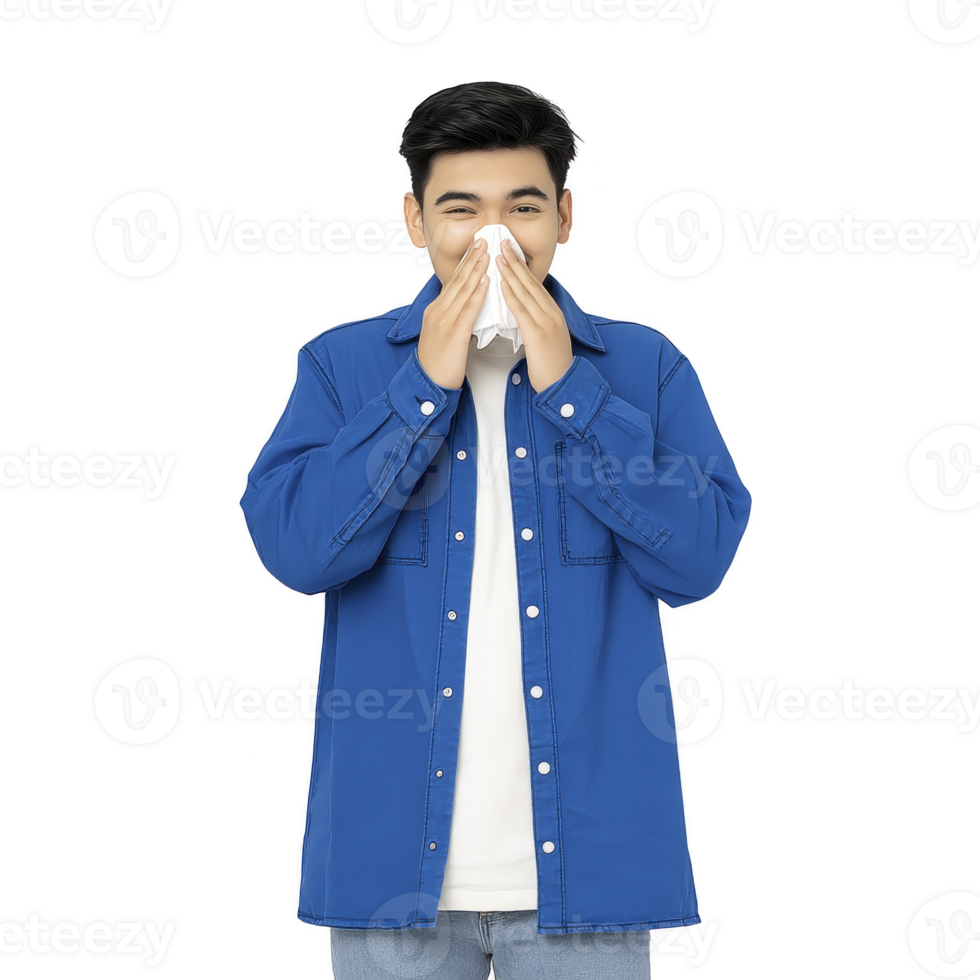 Man in blue shirt is sneezing into tissue, expressing discomfort. image captures moment of hygiene and health awareness png