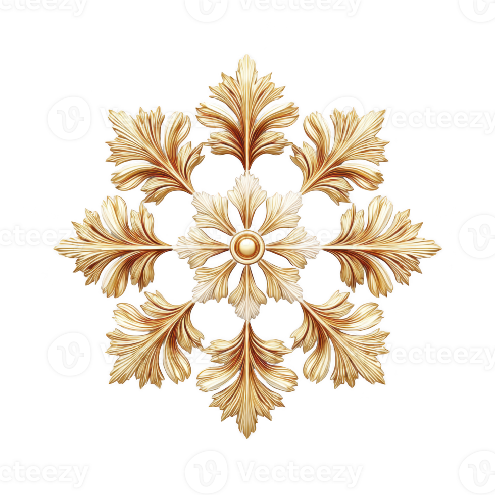 Ornate golden floral design with intricate leaf patterns and central flower, set against transparency background, showcasing elegance and symmetry png