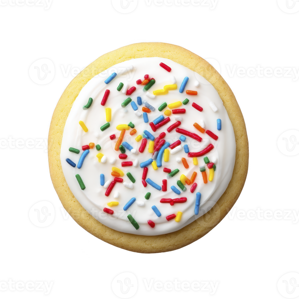 Round sugar cookie with white icing is topped with colorful sprinkles, creating festive and sweet treat. vibrant sprinkles add playful touch to classic dessert png