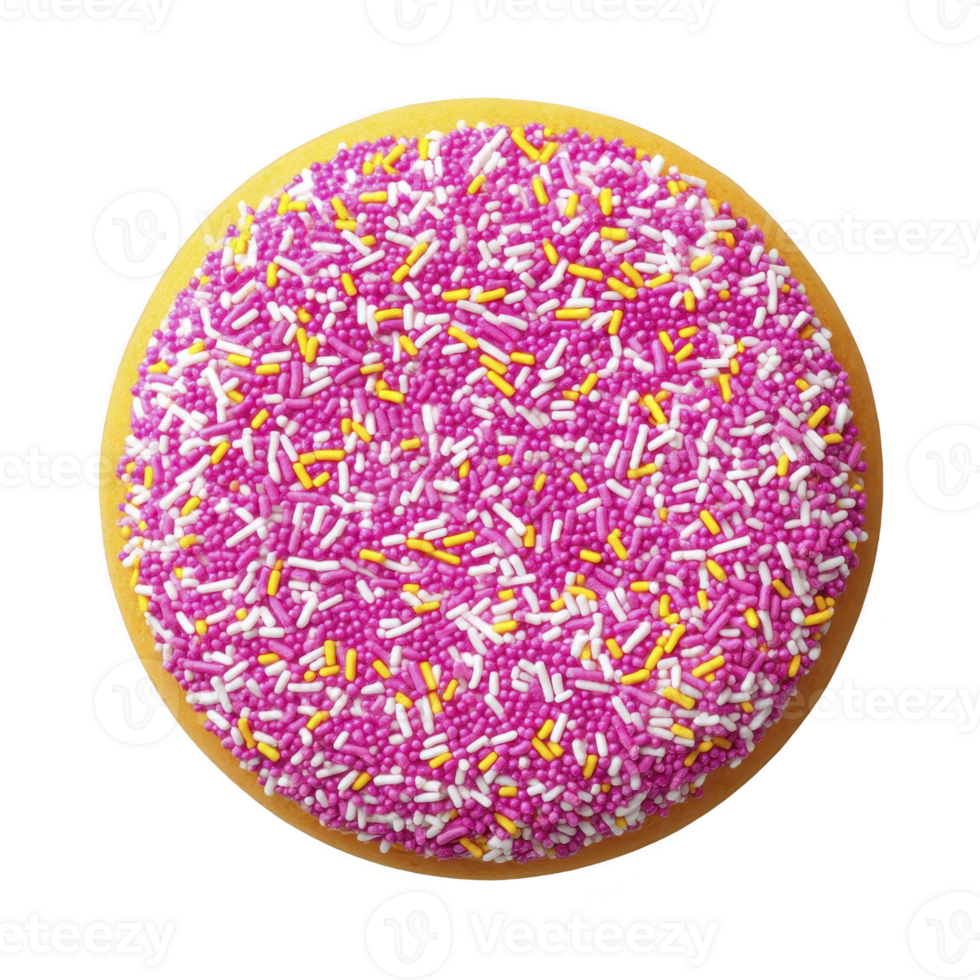 Round cookie covered in vibrant pink, white, and yellow sprinkles creates cheerful and colorful treat. sprinkles add playful texture to sweet dessert png