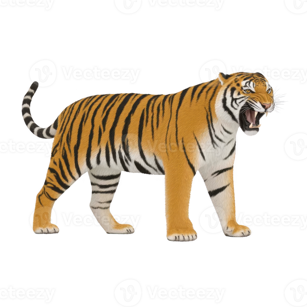 Fierce tiger stands with its mouth open, showcasing its sharp teeth and striking orange and black striped fur. tiger powerful stance and intense expression convey strength and dominance png