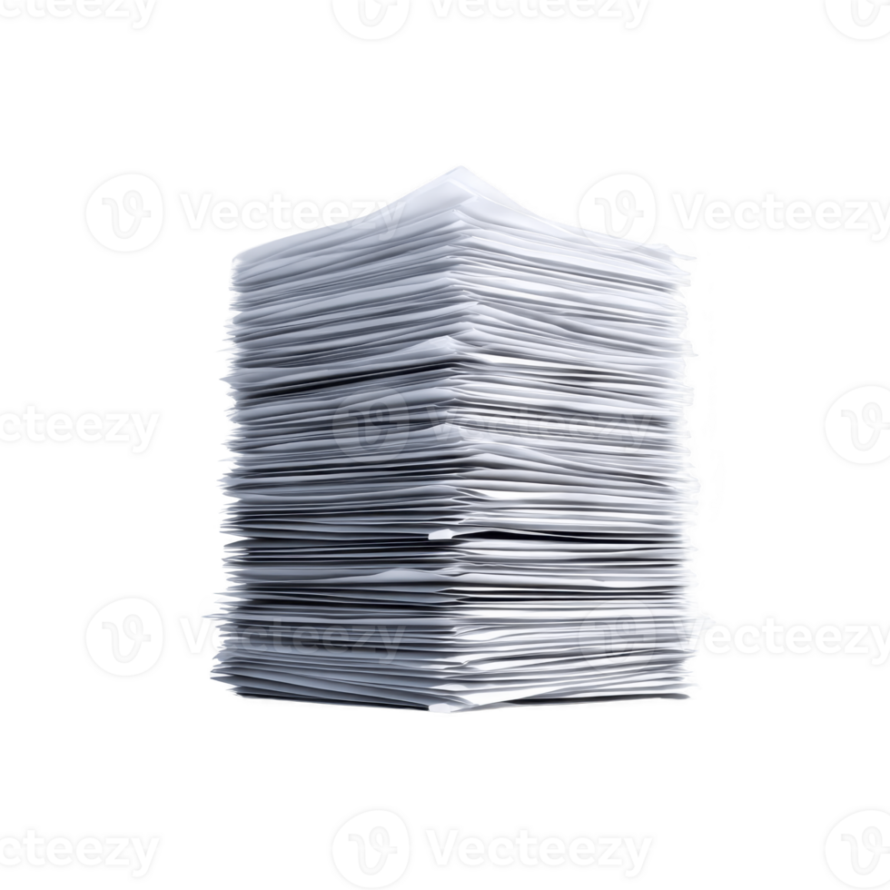 Tall stack of white paper sheets is neatly piled, creating sense of organization and abundance. papers are aligned, forming clean and crisp appearance against plain background png