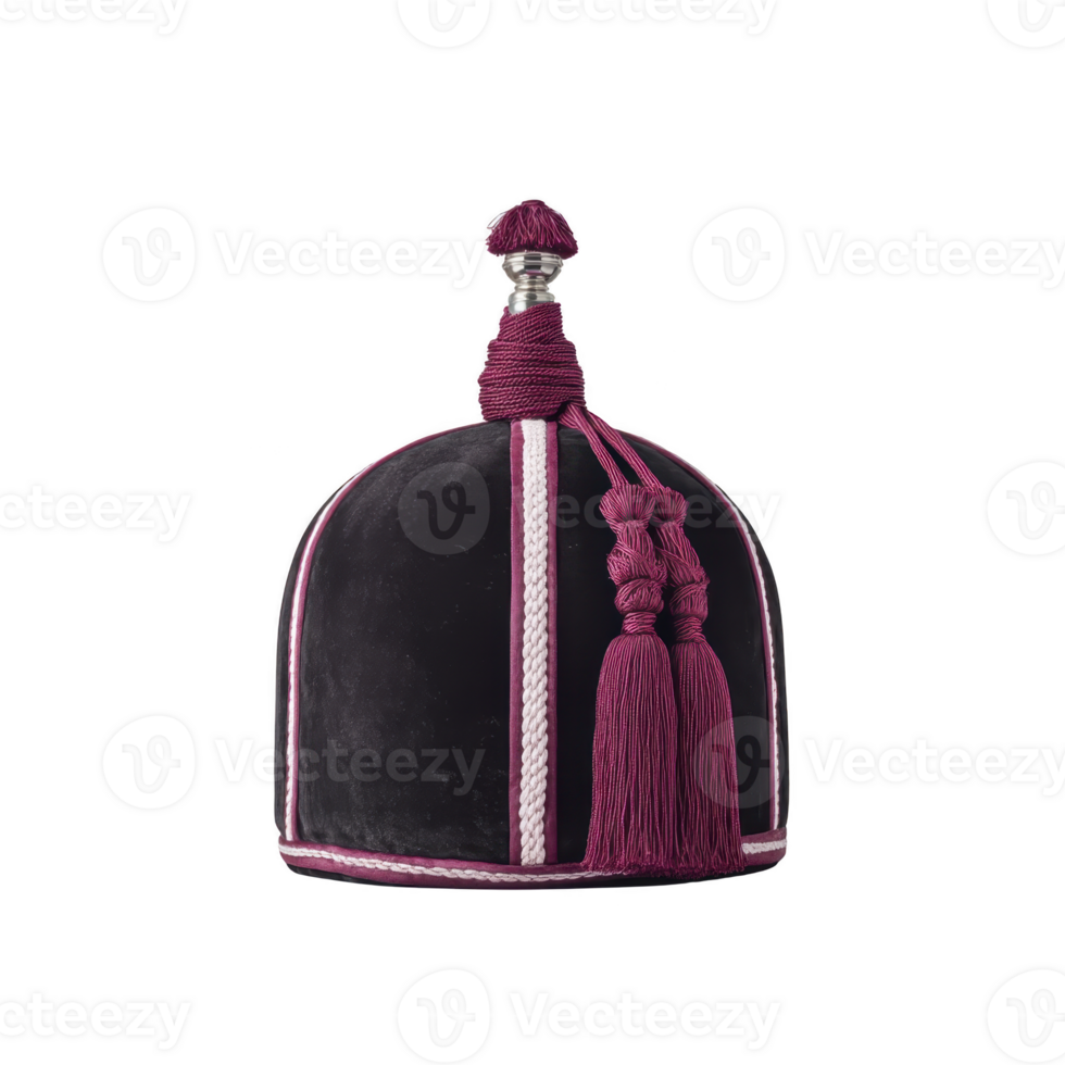 Traditional purple and white cap with tassels, featuring intricate designs and decorative top, often worn in cultural or ceremonial events png