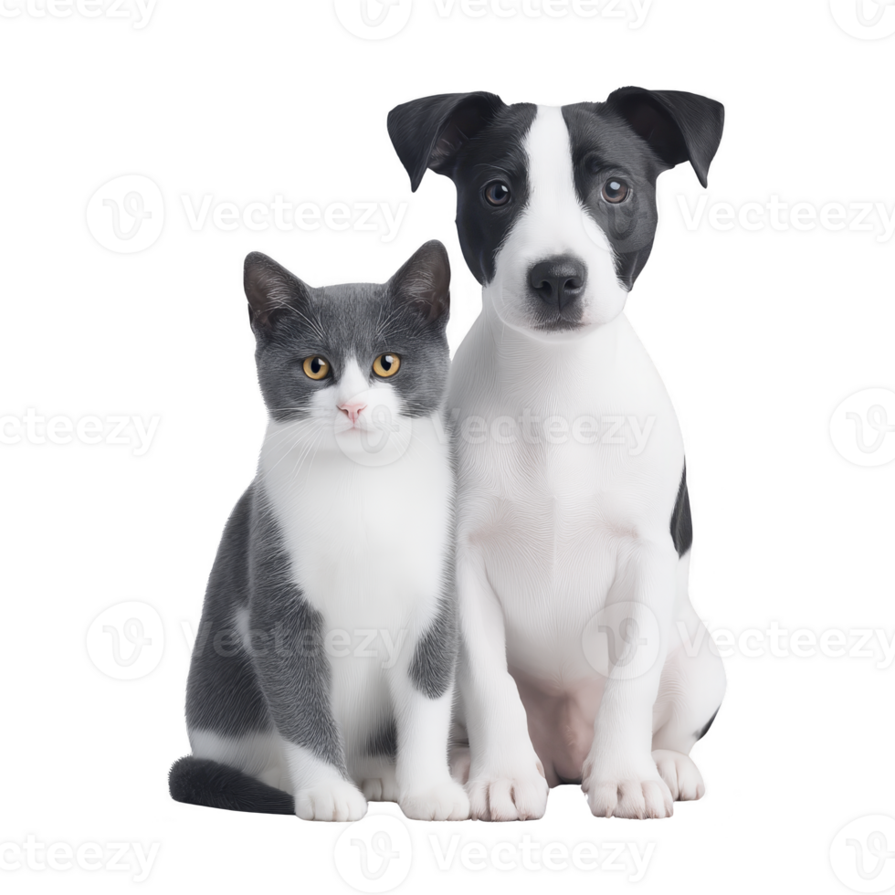 Cute black and white puppy sits closely beside gray and white cat, both looking directly at camera with curious expressions. background is plain, highlighting their adorable features png