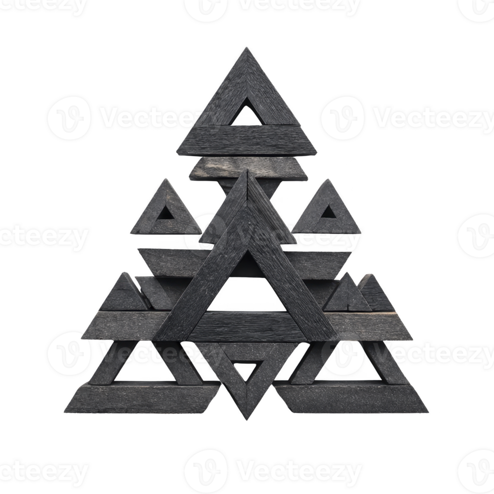 Geometric sculpture composed of interlocking black triangular shapes creates visually striking and modern design. layered triangles form symmetrical pattern, adding depth and dimension png