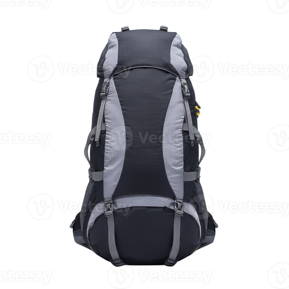 Large, durable hiking backpack with multiple compartments and adjustable straps, designed for outdoor adventures and travel. backpack features sleek black and gray design png