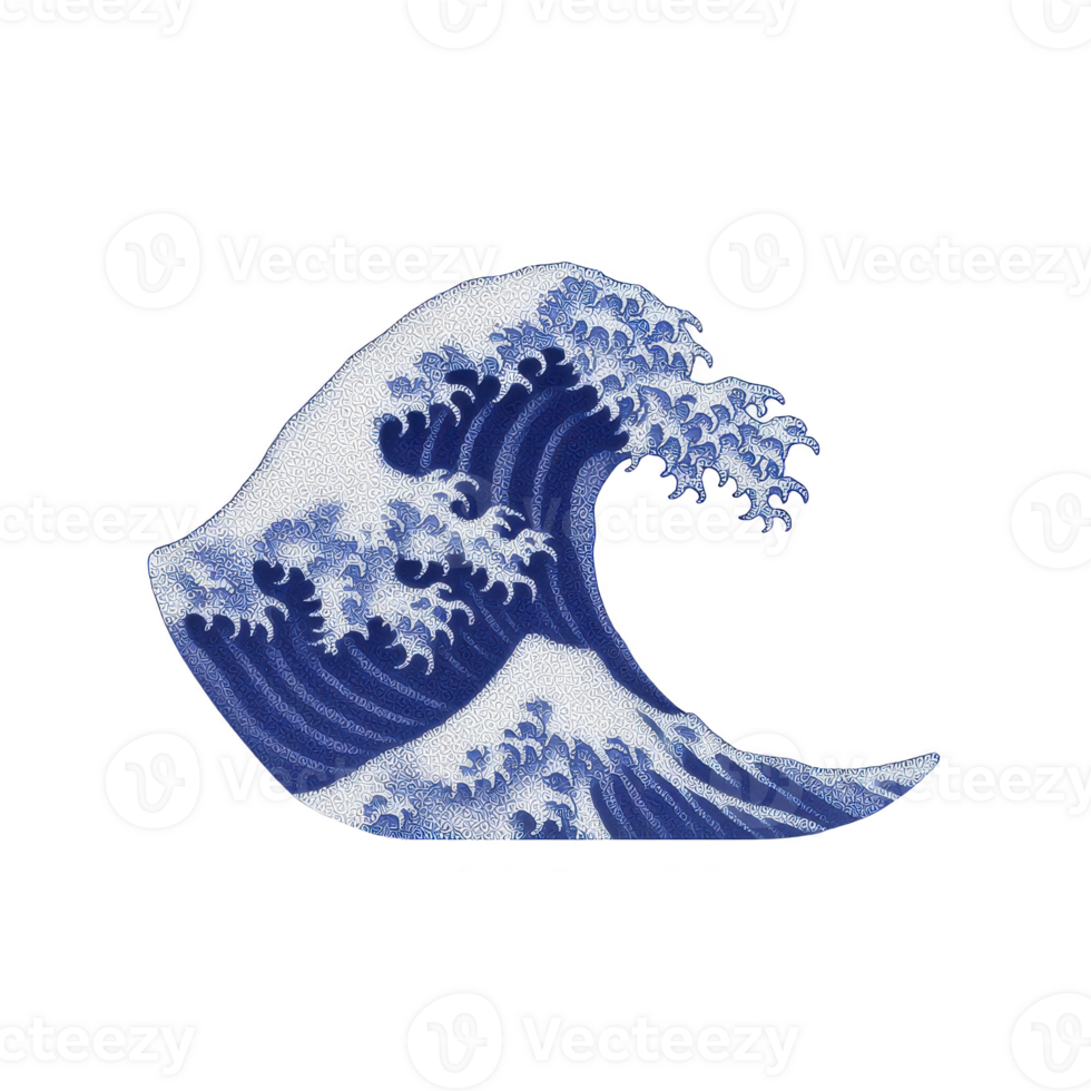 Stylized depiction of large, curling ocean wave with intricate details and dynamic form, reminiscent of traditional Japanese art. wave is composed of deep blues and whites, capturing sense png