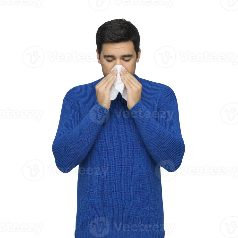 Man in blue sweater is blowing his nose into tissue, possibly due to cold or allergies. image conveys sense of discomfort and relief png