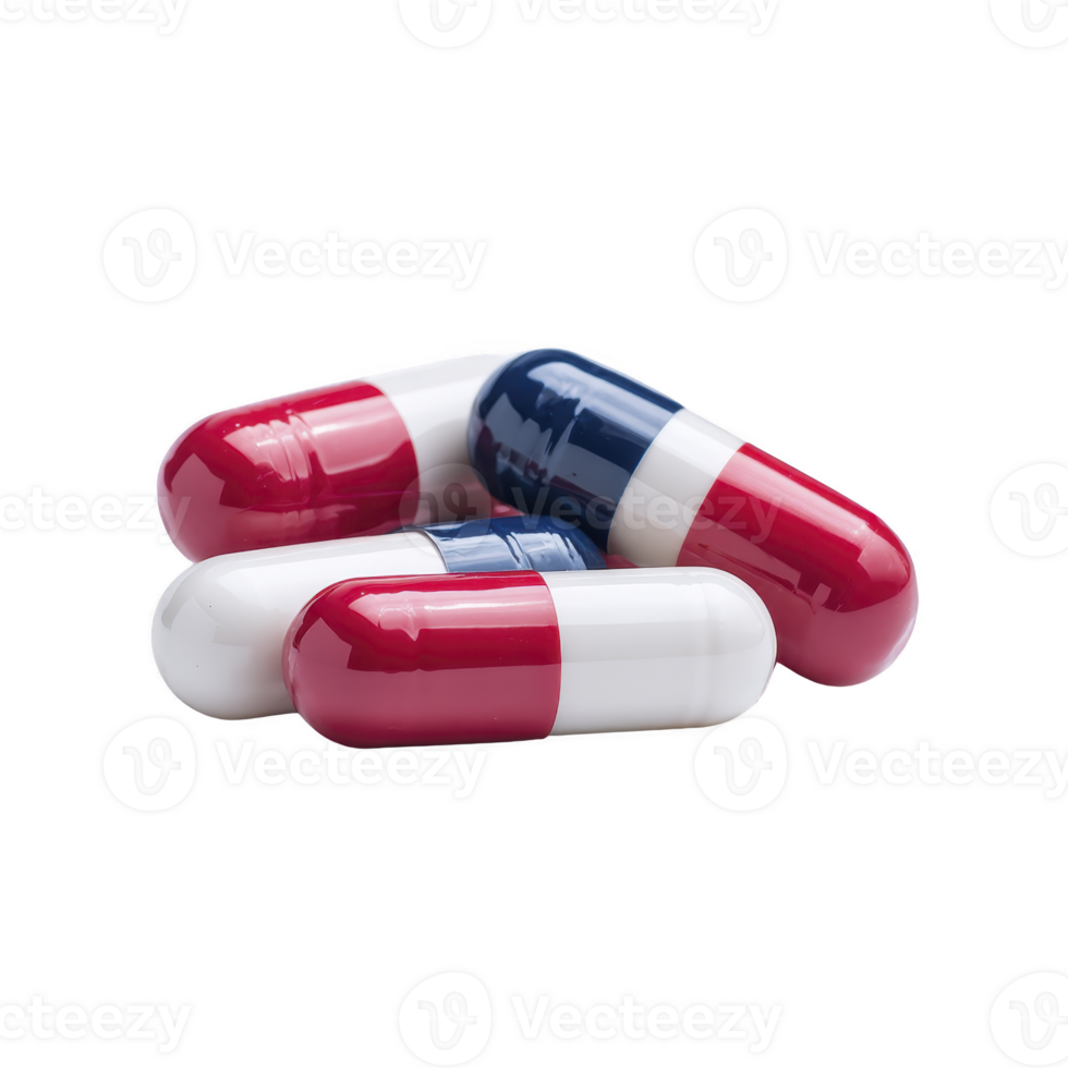 Red, white, and blue capsules are stacked together, showcasing glossy finish. These capsules are commonly used for medication or supplements, highlighting their pharmaceutical purpose png