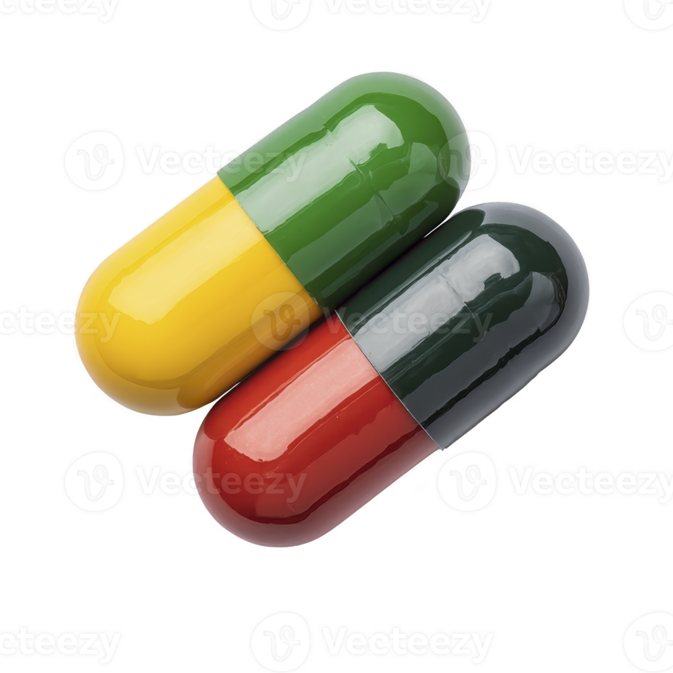 Two colorful capsules, one yellow and green, other red and black, are placed side by side on transparency background. glossy surface of capsules reflects light, highlighting their smooth texture png