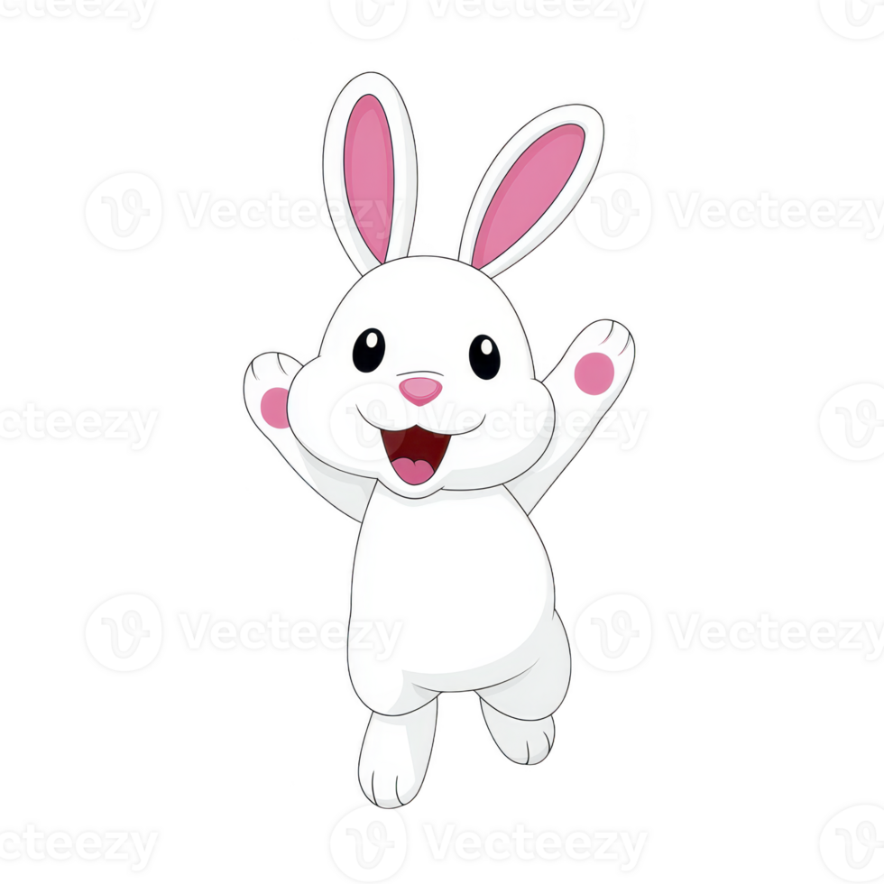 Cute cartoon rabbit with pink ears and paws is joyfully jumping. rabbit has cheerful expression, with wide eyes and big smile, conveying happiness and excitement png