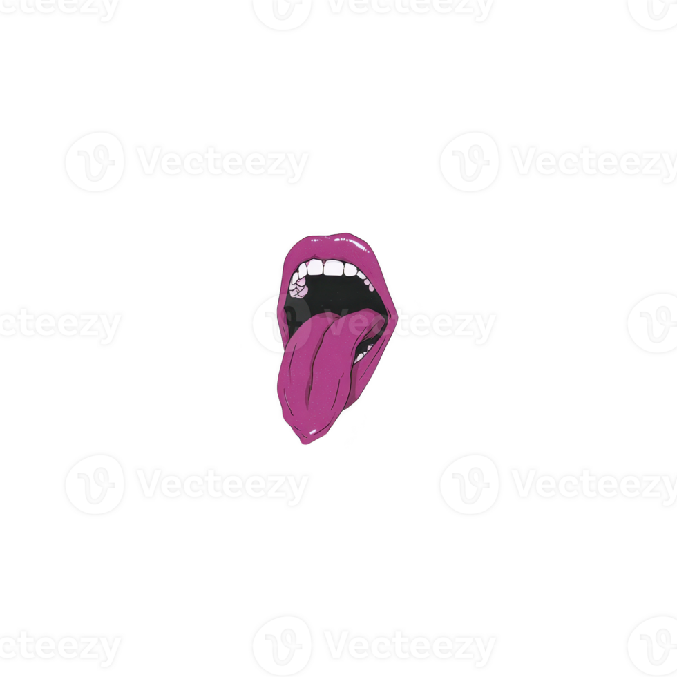Vibrant illustration of open mouth with pink tongue sticking out, set against transparency background. lips are colored in bold pink, creating striking contrast png