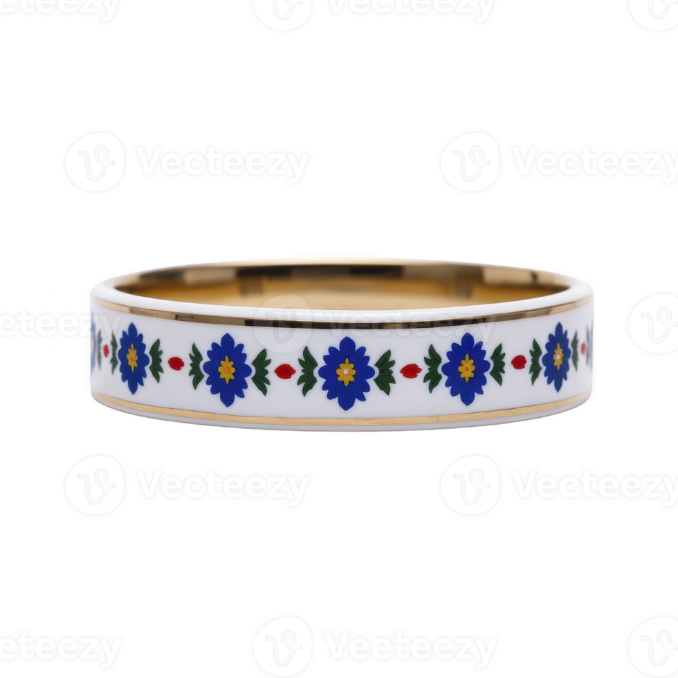 White enamel bracelet with gold interior features floral pattern of blue flowers and green leaves, accented by small red details, creating vibrant and elegant design png