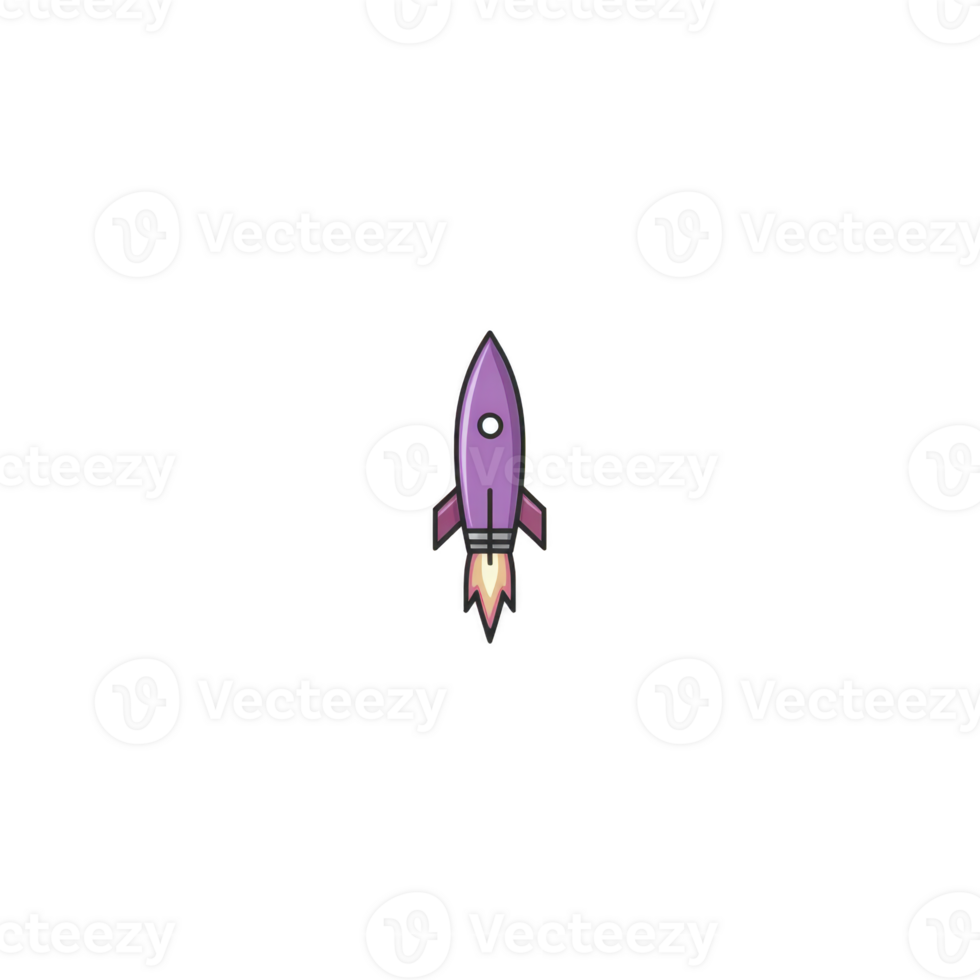 Purple cartoon rocket with single window is launching into space against transparency background, leaving trail of fire and smoke. design is simple and playful, evoking sense of adventure png