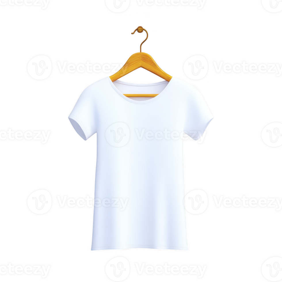Plain white t shirt hangs on wooden hanger against transparency background, showcasing simplicity and minimalism. shirt clean design and neutral color make it versatile for various styles png
