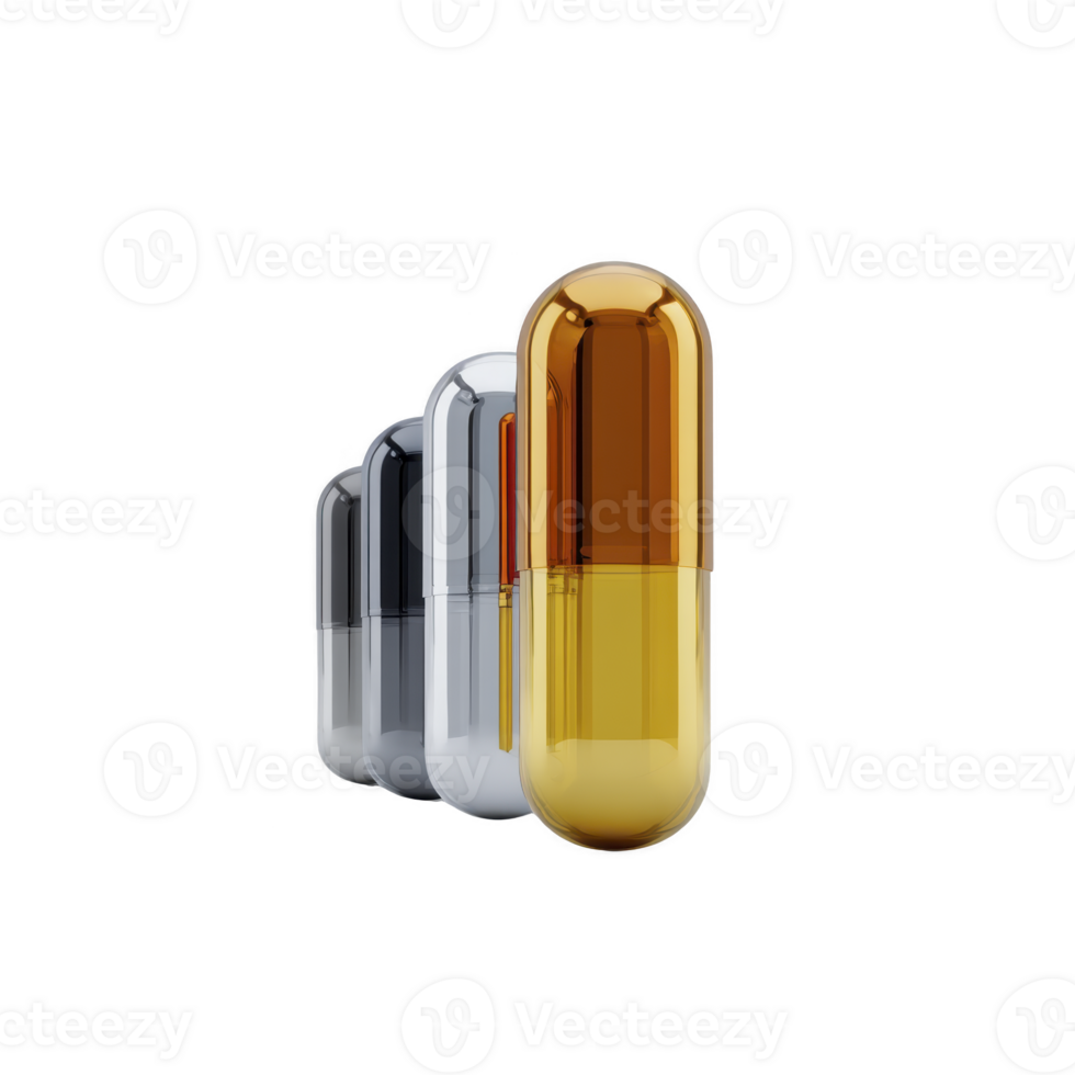 Three glossy capsules in metallic and amber colors are aligned in row, showcasing modern and sleek design. reflective surfaces create futuristic and innovative appearance png