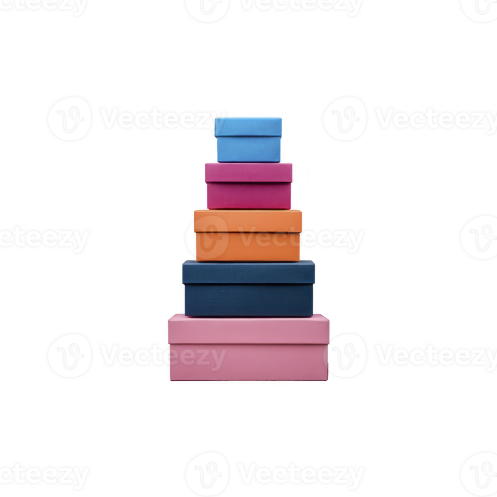 Stack of colorful gift boxes in various sizes and vibrant colors, including pink, blue, and orange, arranged neatly against plain background. image conveys sense of celebration and anticipation png