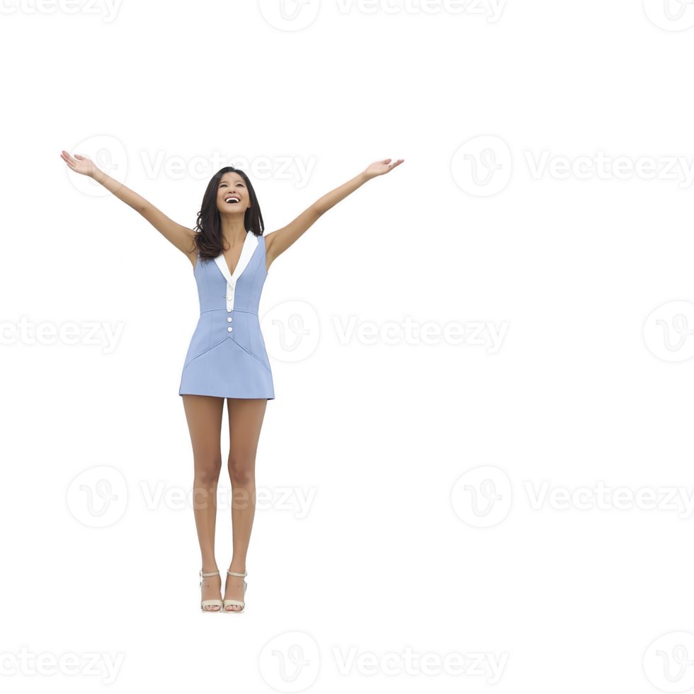 Joyful woman in blue dress stands with arms raised, expressing happiness and freedom. She wears high heels and smiles brightly against plain background png