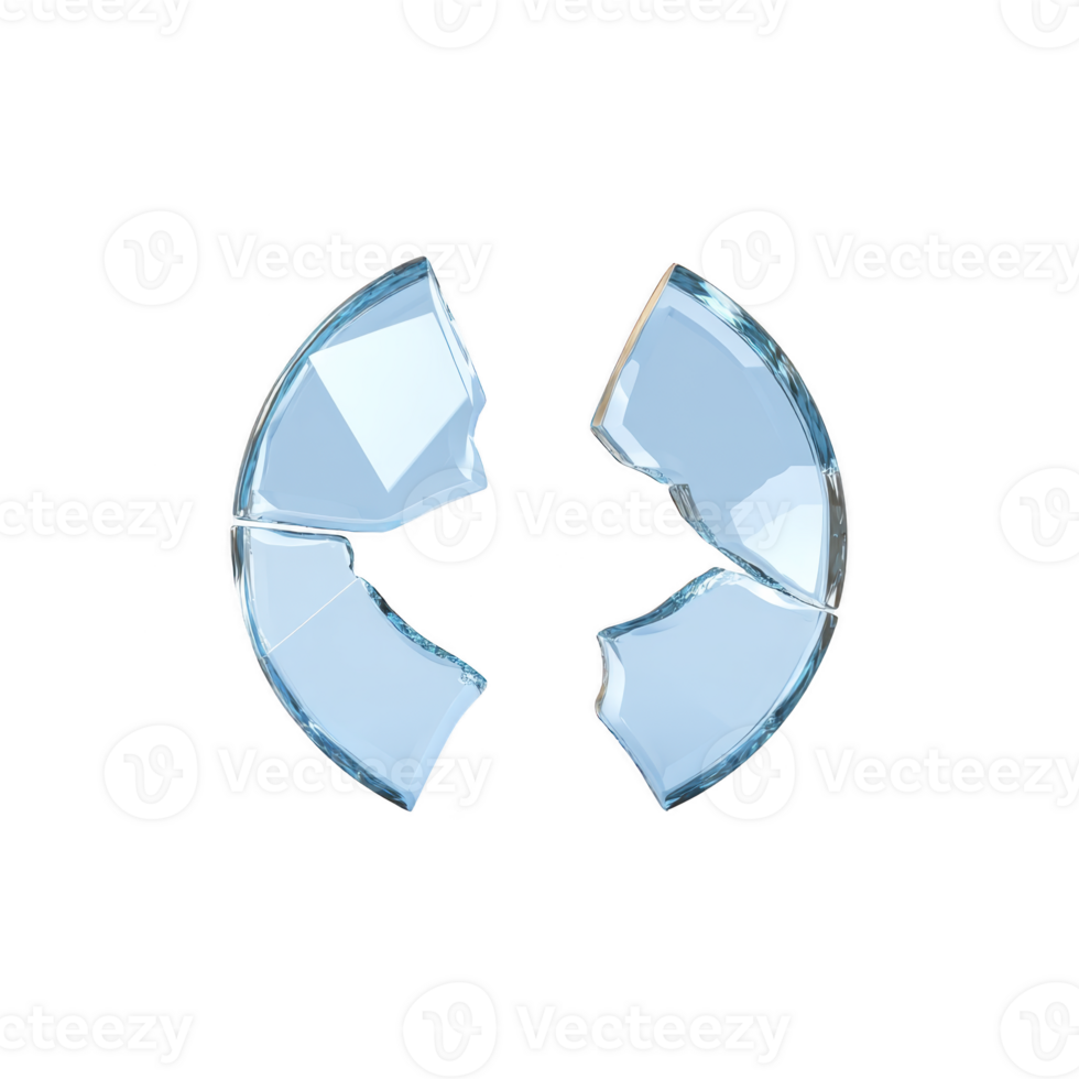 Broken, transparent glass sphere is shattered into four pieces against transparency background, symbolizing fragility and destruction. shards reflect light, creating striking visual contrast png