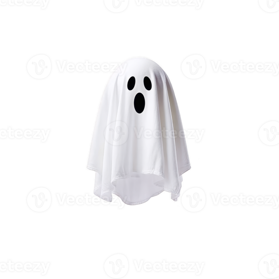 Floating white ghost costume with simple, spooky face on transparency background, perfect for Halloween themes png